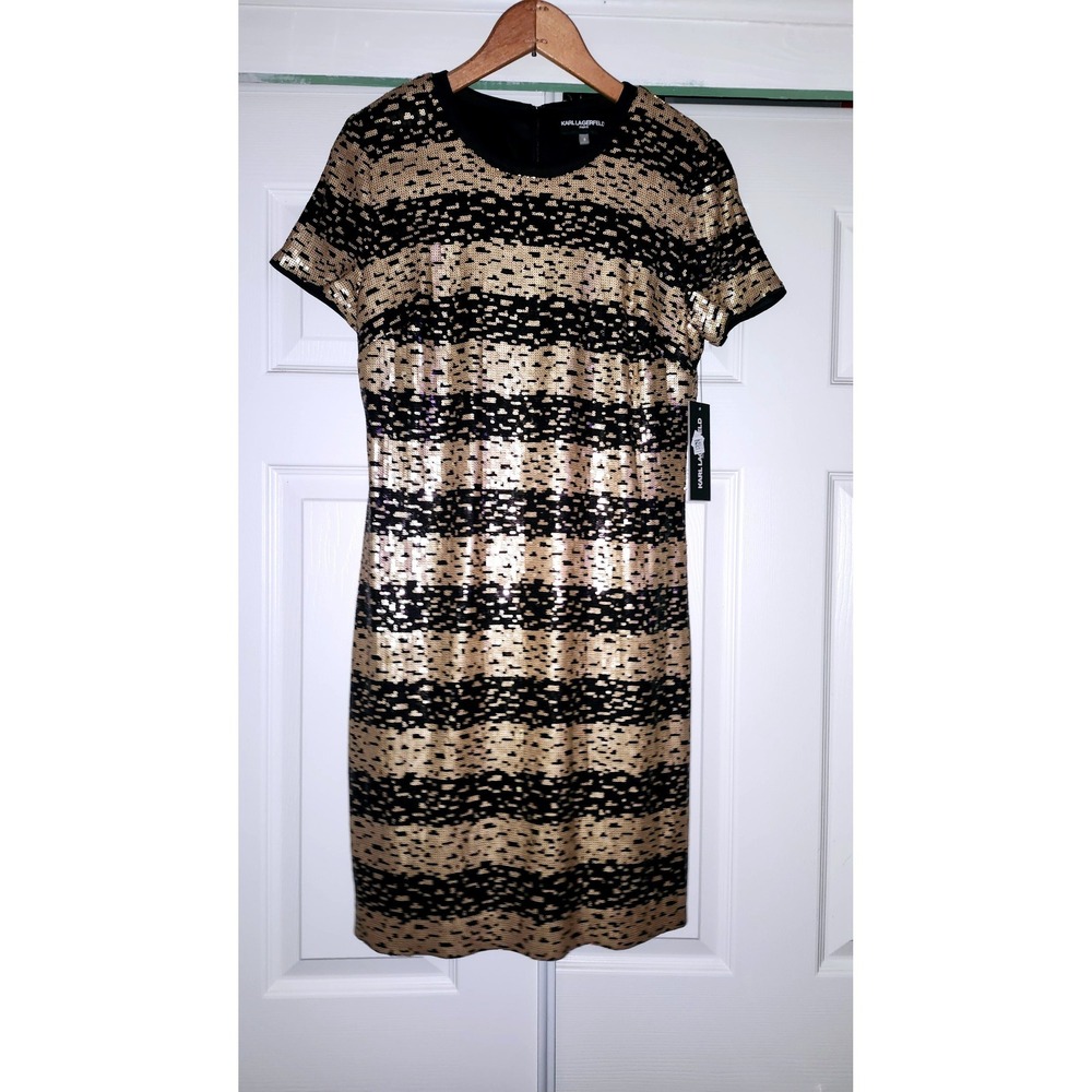 Karl Lagerfeld Paris Gold Black Sequin Stripe Cocktail Dress Womens Size 6 NWT